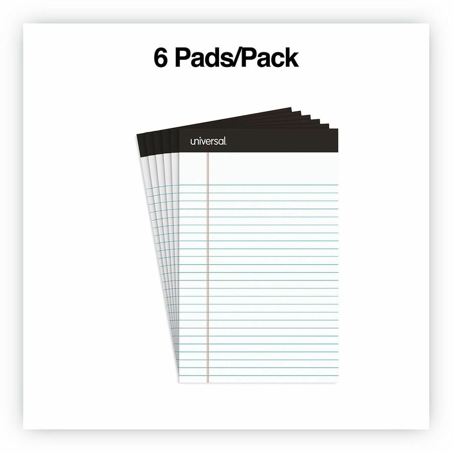 Universal Notepad - 1 Subject(s) - 50 Sheets - Printed - Tape Bound - Narrow Ruled Front Ruling - Ruled Red Margin - Junior Legal - 8" x 5" Sheet Size - White Paper - 6 / Pack