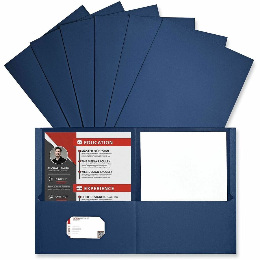 Universal Two-Pocket Portfolio, Embossed Leather Grain Paper, 11" x 8.5", Dark Blue, 2 Inside Pockets, Business Card Holder, 25/Box