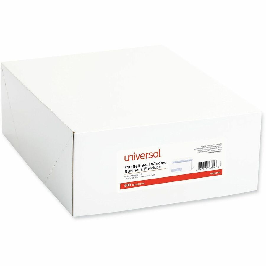 Universal Envelope, #10, 24 lb, Self Adhesive, White, Paper Stock, Security Tint, 500/Box