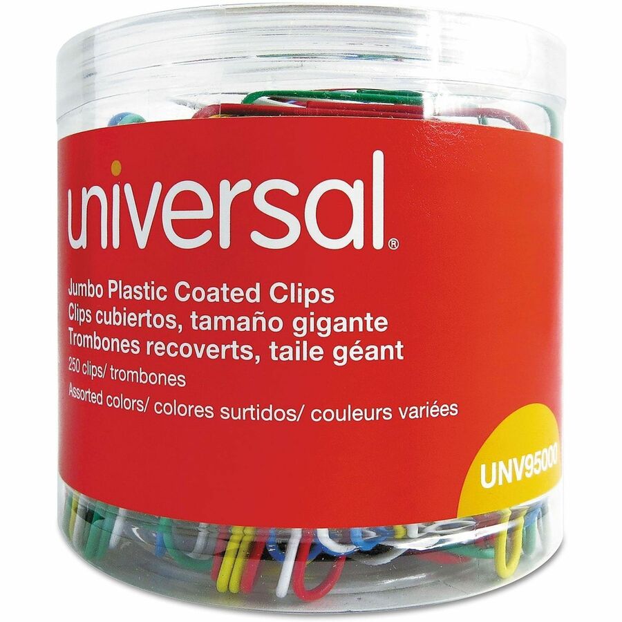 Universal Paper Clip - Jumbo - 2" Length x 0.5" Width - Assorted, Blue, Green, Red, White, Yellow - Plastic, Steel Wire - 250 / Pack