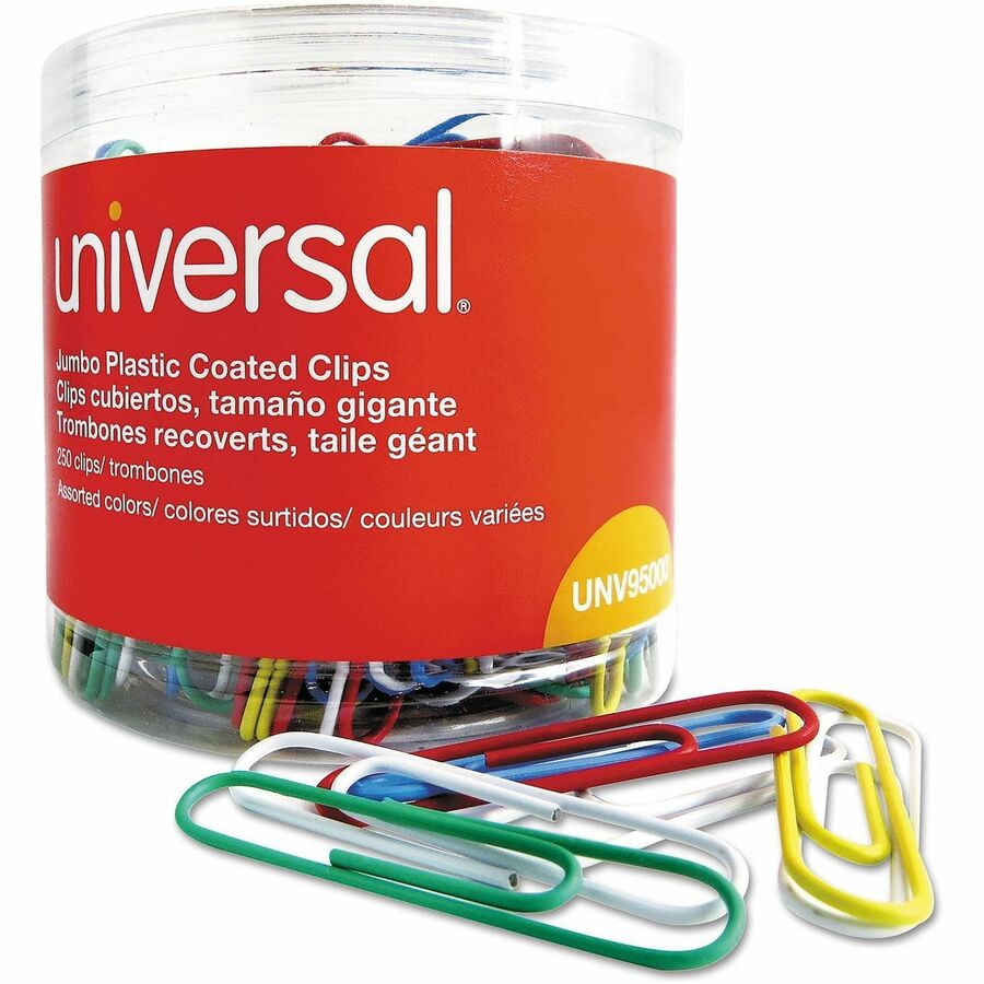 Universal Paper Clip - Jumbo - 2" Length x 0.5" Width - Assorted, Blue, Green, Red, White, Yellow - Plastic, Steel Wire - 250 / Pack