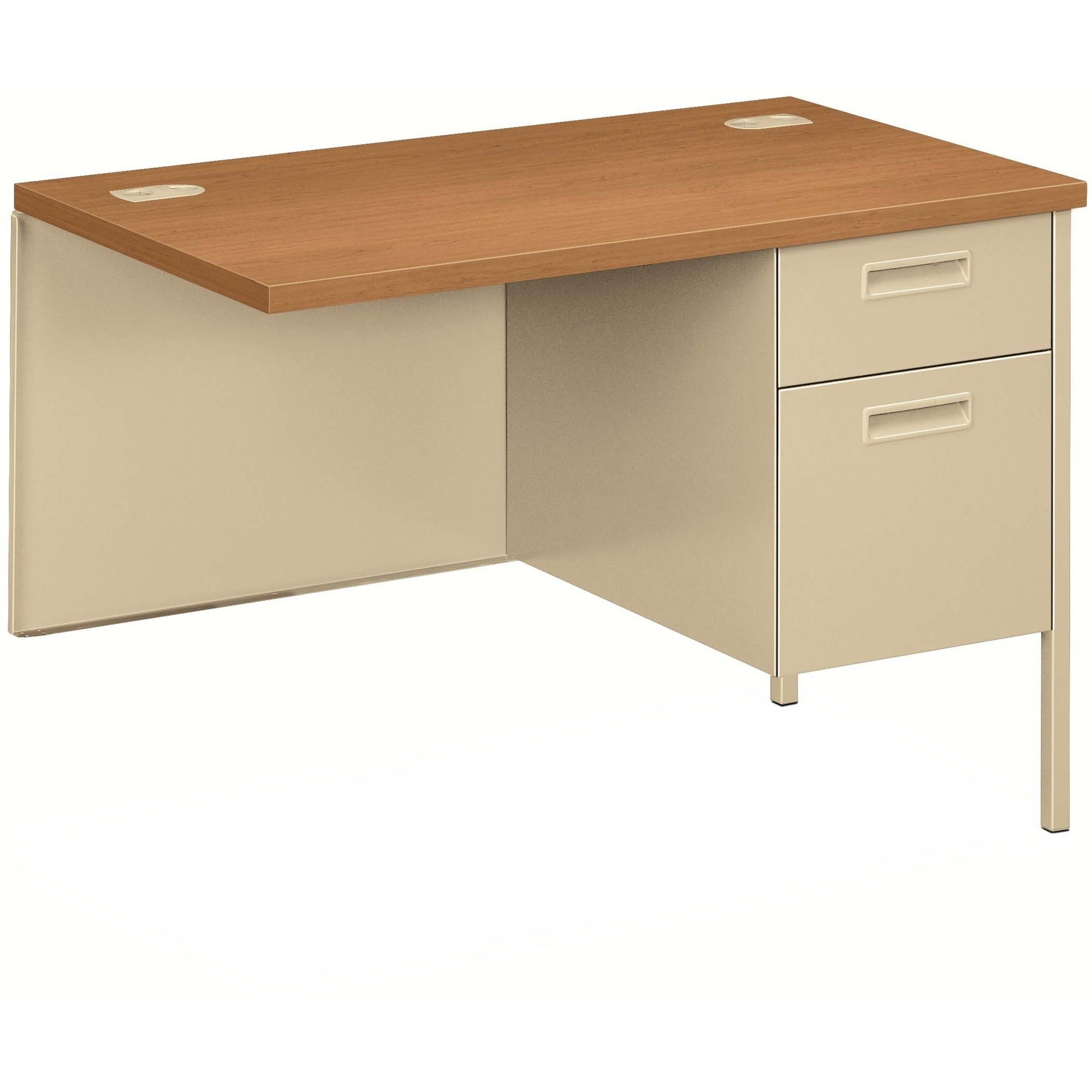 29.5" Height x 42" Width x 24" Depth - Total Drawer(s): 5 - Single Pedestal on Right Side - Square Edge - Material: Steel - Finish: Harvest Laminate, Putty - 1 Each