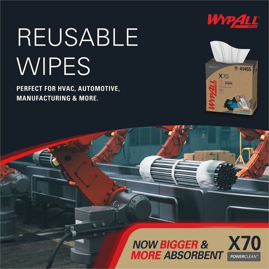 Wypall PowerClean X70 Medium Duty Cloths - Pop-Up Box - 8.34" Width x 16.80" Length - White - Hydroknit/ - 100 / Box