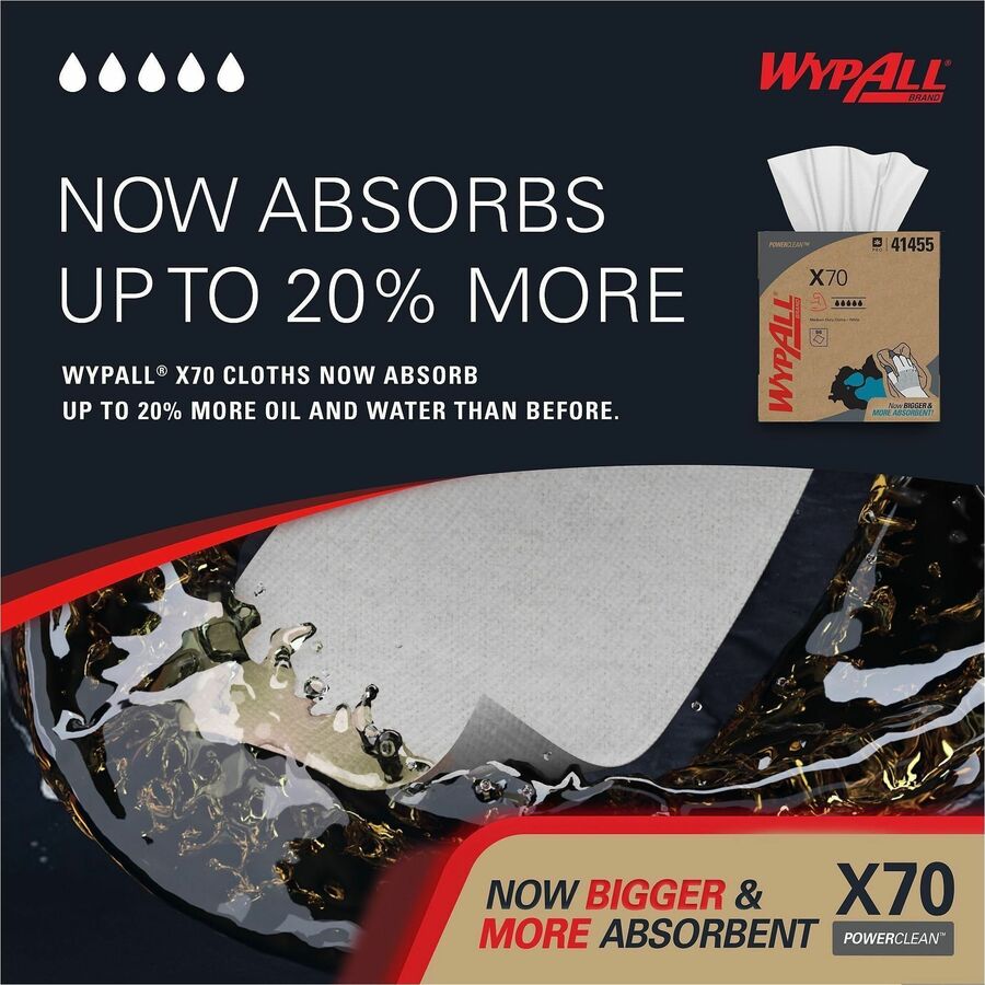Wypall PowerClean X70 Medium Duty Cloths - Pop-Up Box - 8.34" Width x 16.80" Length - White - Hydroknit/ - 100 / Box