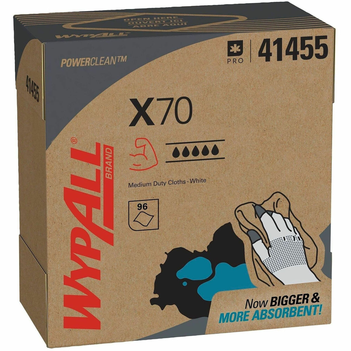 Wypall PowerClean X70 Medium Duty Cloths - Pop-Up Box - 8.34" Width x 16.80" Length - White - Hydroknit/ - 100 / Box