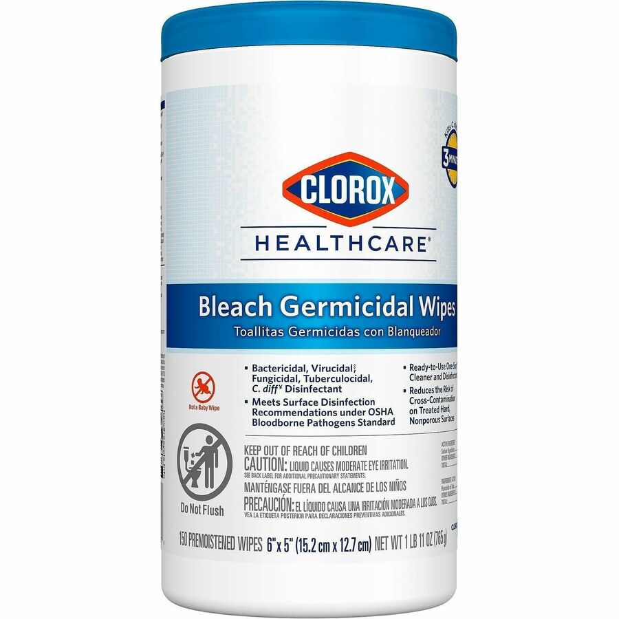Clorox Healthcare Bleach Germicidal Wipes, 5" x 6", White, 150 Wipes per Tub, 1 Tub
