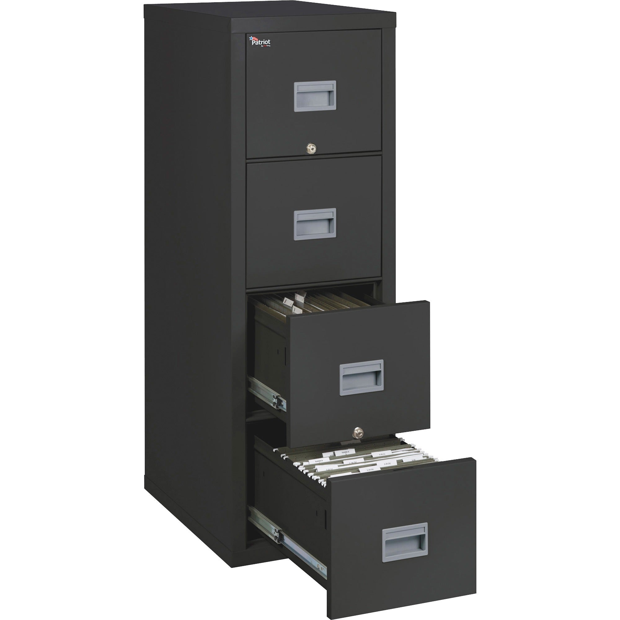 FireKing Patriot Series 4-Drawer Vertical File Cabinet, 17.7" W x 25" D x 52.8" H, Black, Fire Proof, Impact Resistant, Locking Drawers, Scratch Resistant, Ball Bearing Slides, 1 Each