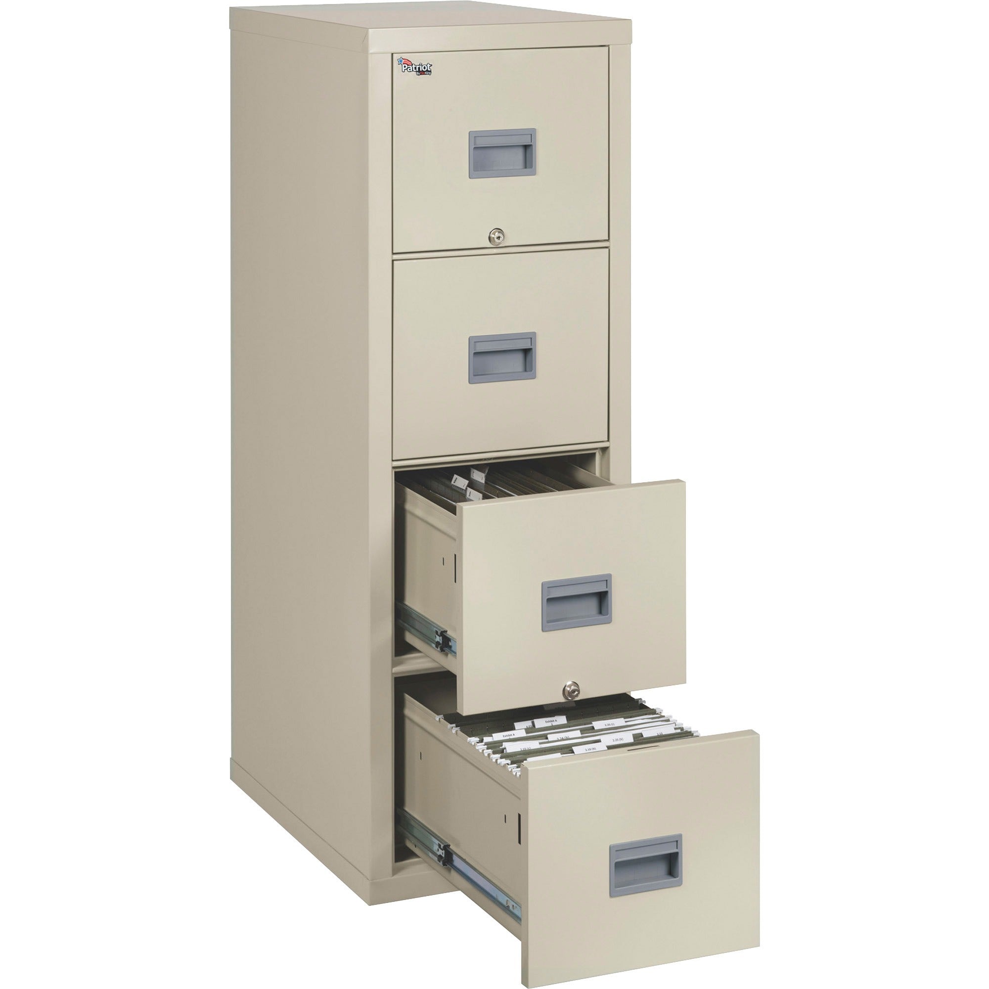 FireKing Patriot Series 4-Drawer Vertical File Cabinet, 17.7" W x 25" D x 52.8" H, Legal/Letter Size, Fire Proof, Impact & Scratch Resistant, Locking Drawers, Ball Bearing Slides, Parchment, 1 Each