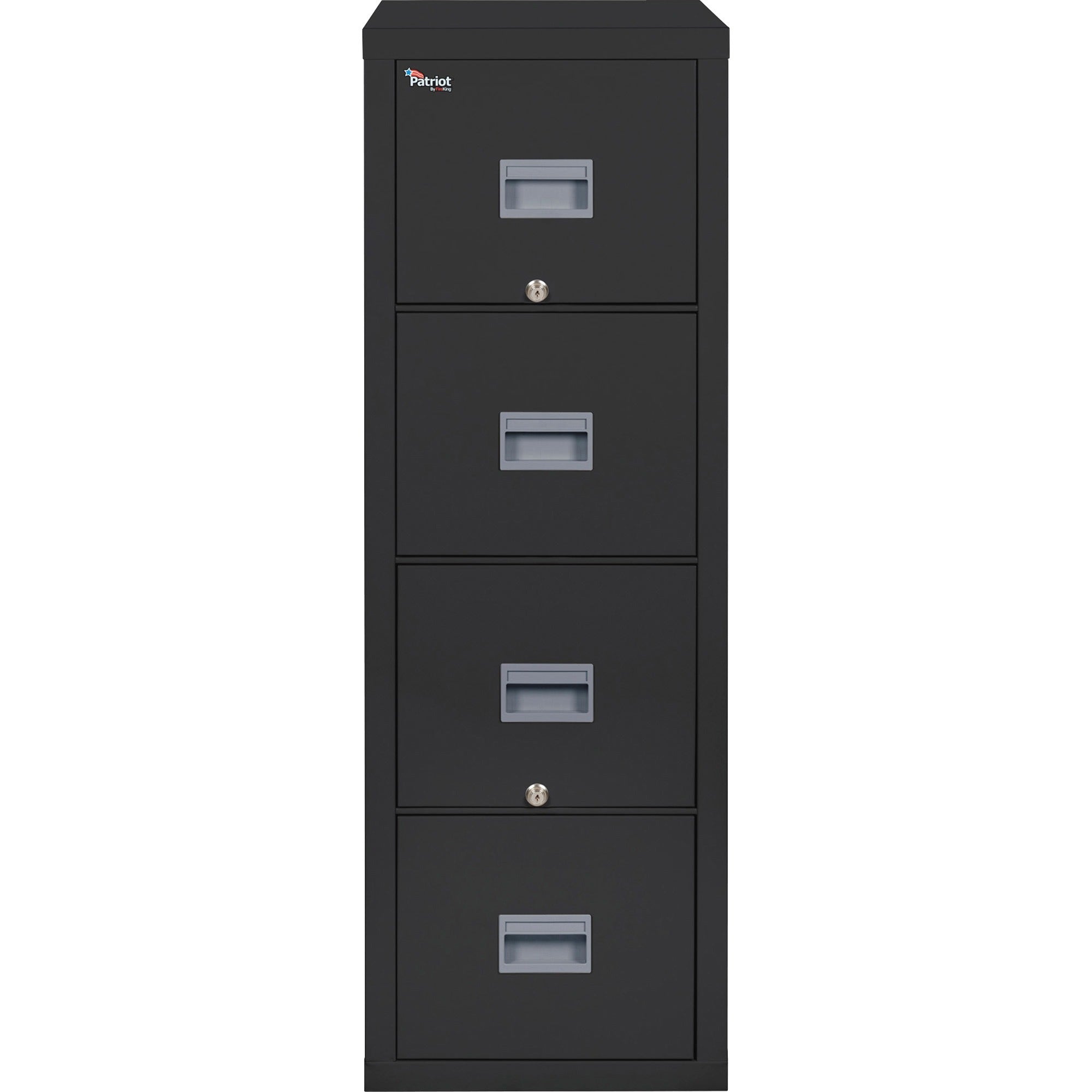 FireKing Patriot Series 4-Drawer Vertical Fire Files, Letter Size, 17.8" W x 31.6" D x 52.8" H, Black, Fire Proof, Impact & Scratch Resistant, Locking Drawers, Recessed Handles, Ball Bearing Slides, 1 Each