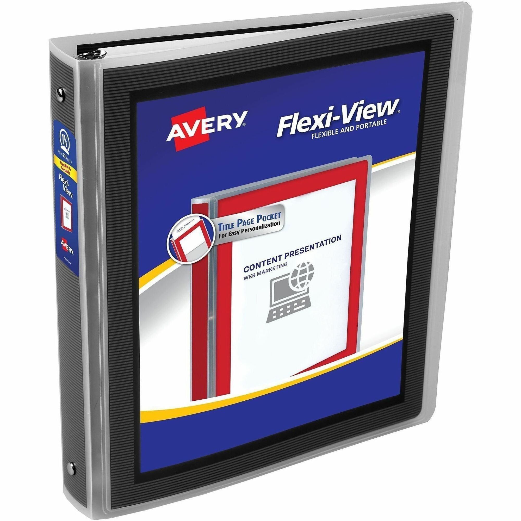 Avery Flexi-View 3 Ring Binder, 1 1/2" Capacity, Letter Size, 275 Sheet, 2 1/10" Spine, 3 Round Rings, 1 Internal Pocket, Polypropylene, Black, 1 Each