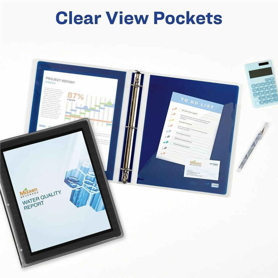 Avery Flexi-View 3 Ring Binder, 1.5" Capacity, Letter Size, 275 Sheet, 3 Round Rings, 1 Internal Pocket, Polypropylene, Navy Blue, 1 Each