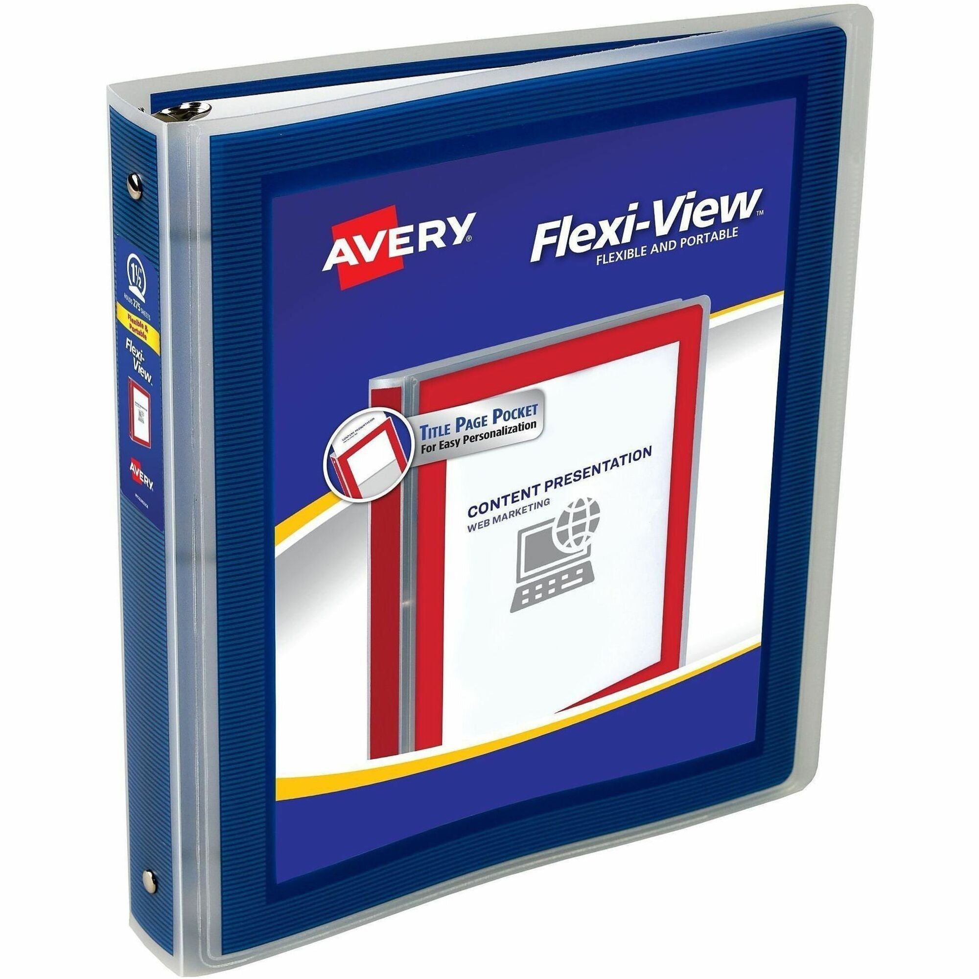 Avery Flexi-View 3 Ring Binder, 1.5" Capacity, Letter Size, 275 Sheet, 3 Round Rings, 1 Internal Pocket, Polypropylene, Navy Blue, 1 Each