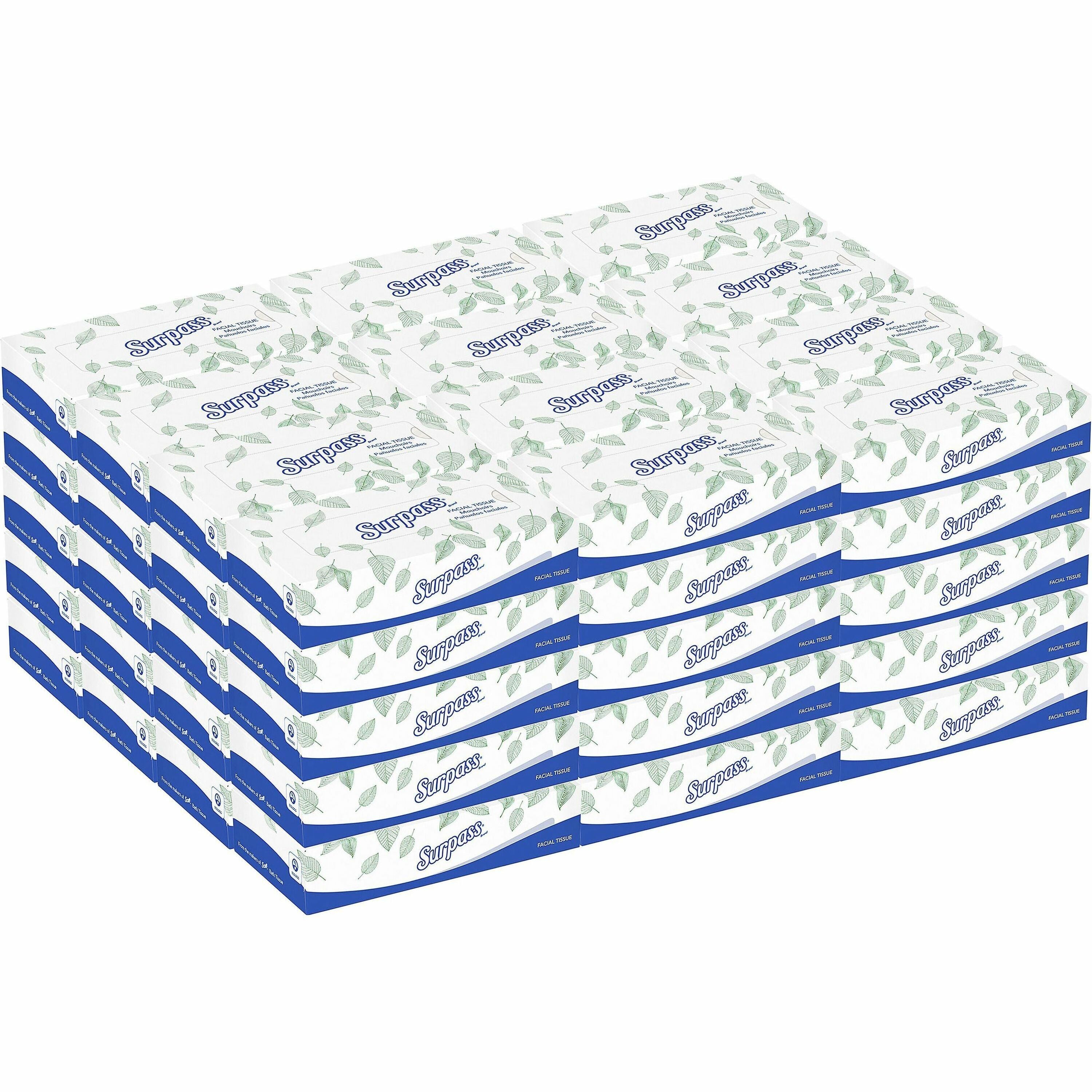 Surpass Flat Box Facial Tissue for Business - 2 Ply - 8" Width x 8.30" Length - White - 125/Box - 1 Carton