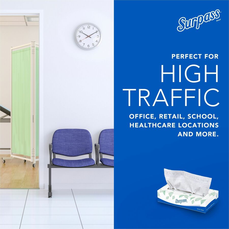 Surpass Flat Box Facial Tissue for Business - 2 Ply - 8" Width x 8.30" Length - White - 125/Box - 1 Carton