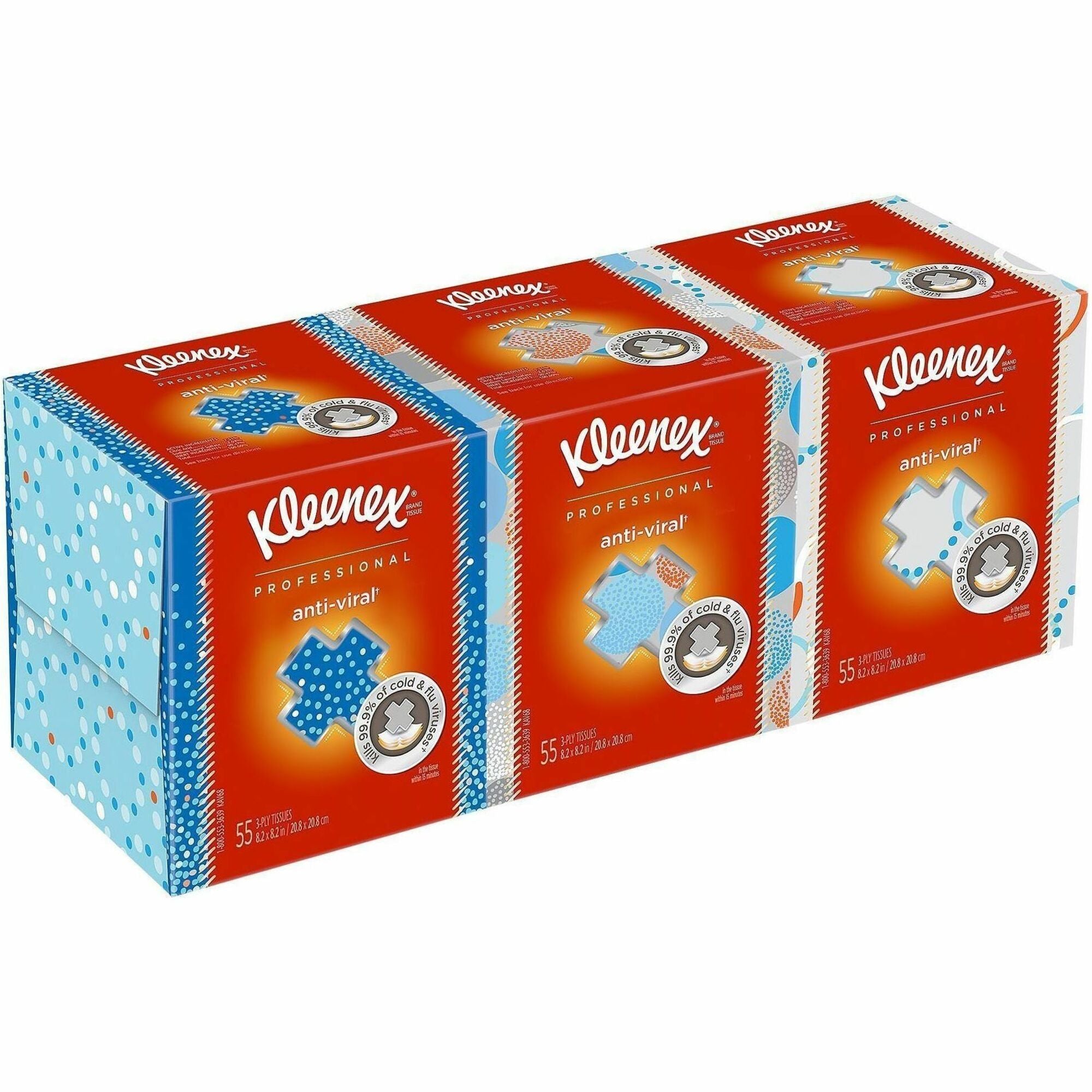 Kleenex Professional Anti-Viral Facial Tissue - 3 Ply - 8.20" Width x 8.20" Length - White - Paper - 55/Box - 3 / Pack