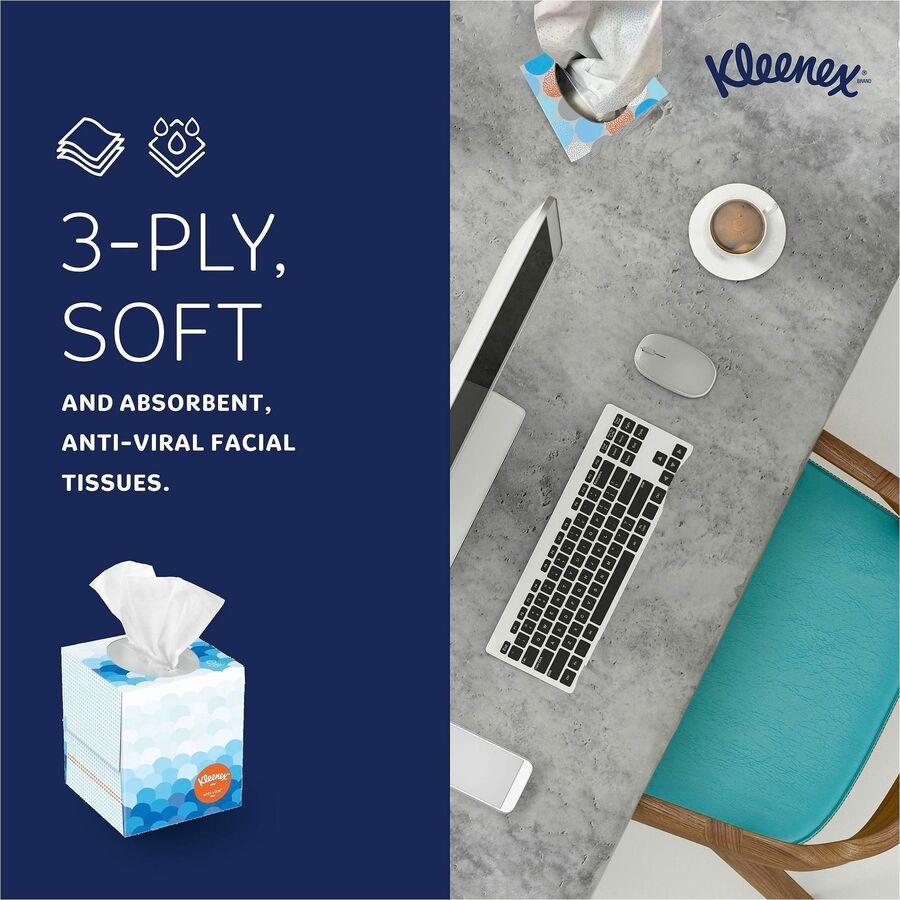 Kleenex Professional Anti-Viral Facial Tissue - 3 Ply - 8.20" Width x 8.20" Length - White - Paper - 55/Box - 3 / Pack