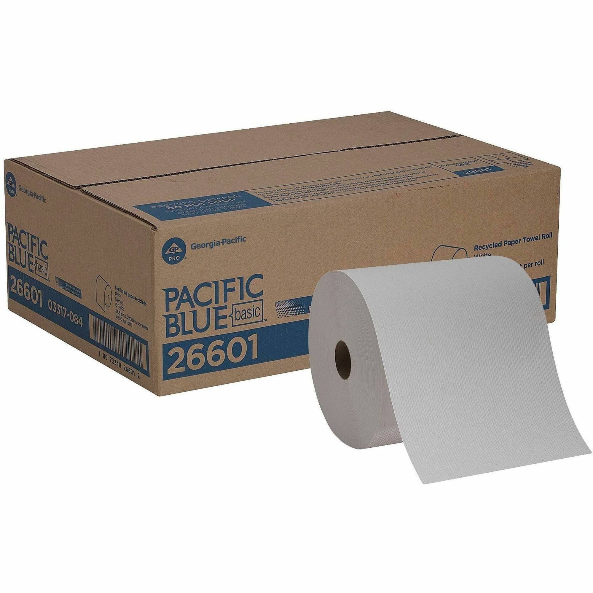Pacific Blue Basic Recycled Paper Towel Roll - 1 Ply - 7.87" Width x 800 ft Length - White - 6 / Carton