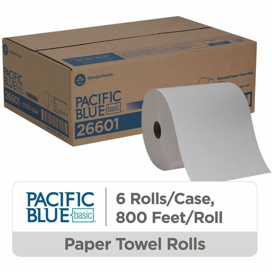 Pacific Blue Basic Recycled Paper Towel Roll - 1 Ply - 7.87" Width x 800 ft Length - White - 6 / Carton