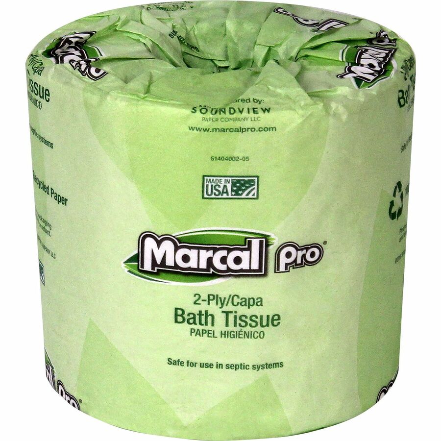 Marcal Pro 100% Recycled Bathroom Tissue - 2 Ply - 4" Width x 4" Length - 240 Sheets/Roll - White - 1 Carton