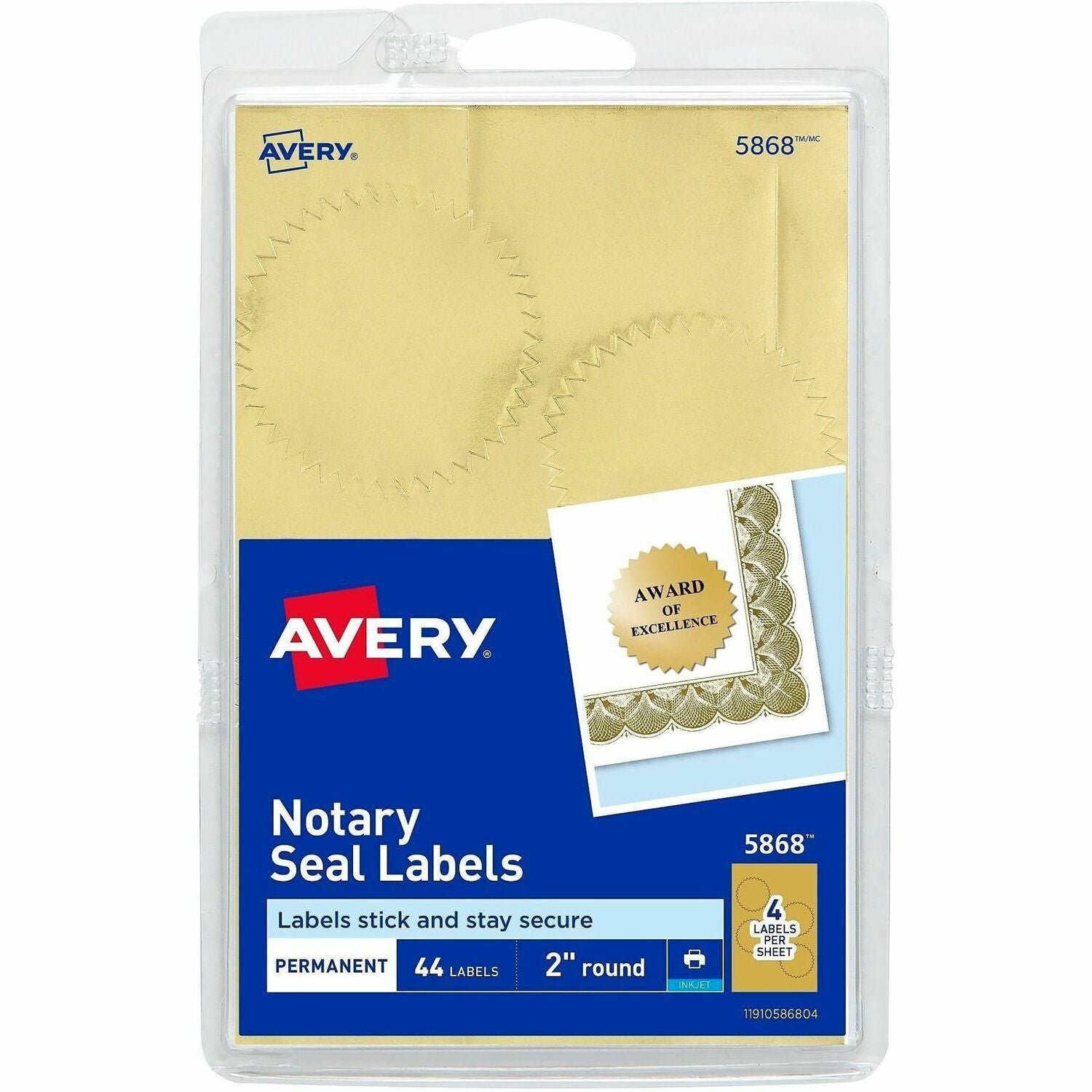 Round - 2" Diameter - Permanent - For Award, Certificate, Envelope, Legal Document - Gold - 44 / Pack