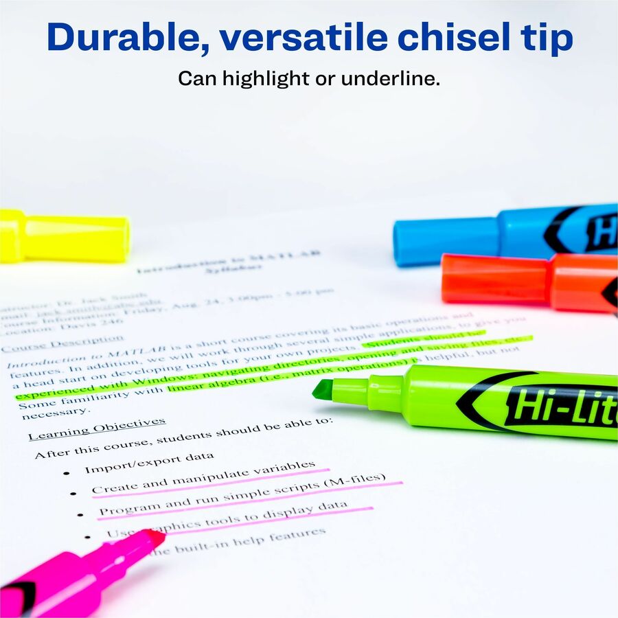 Avery&reg; Hi-Liter Desk-Style Highlighters - Chisel Marker Point - Washable - Fluorescent Yellow, Fluorescent Blue, Fluorescent Green, Fluorescent Orange, Fluorescent Pink Ink - Water Based - Plastic Tip - 12 / Box