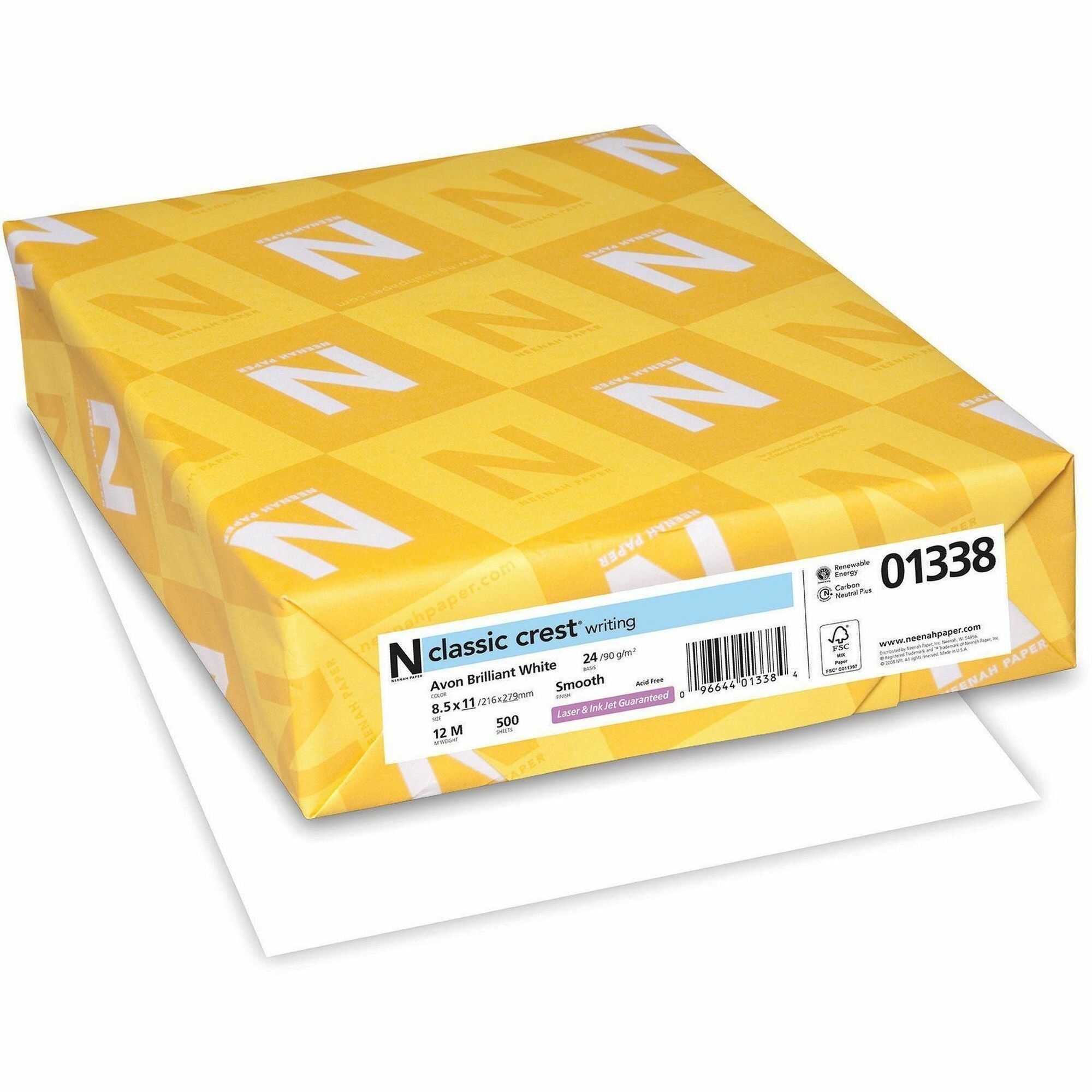 93 Brightness - Letter - 8 1/2" x 11" - 24 lb Basis Weight - Smooth - Green Seal - Watermarked, Acid-free - Avon Brilliant White - 500 / Ream
