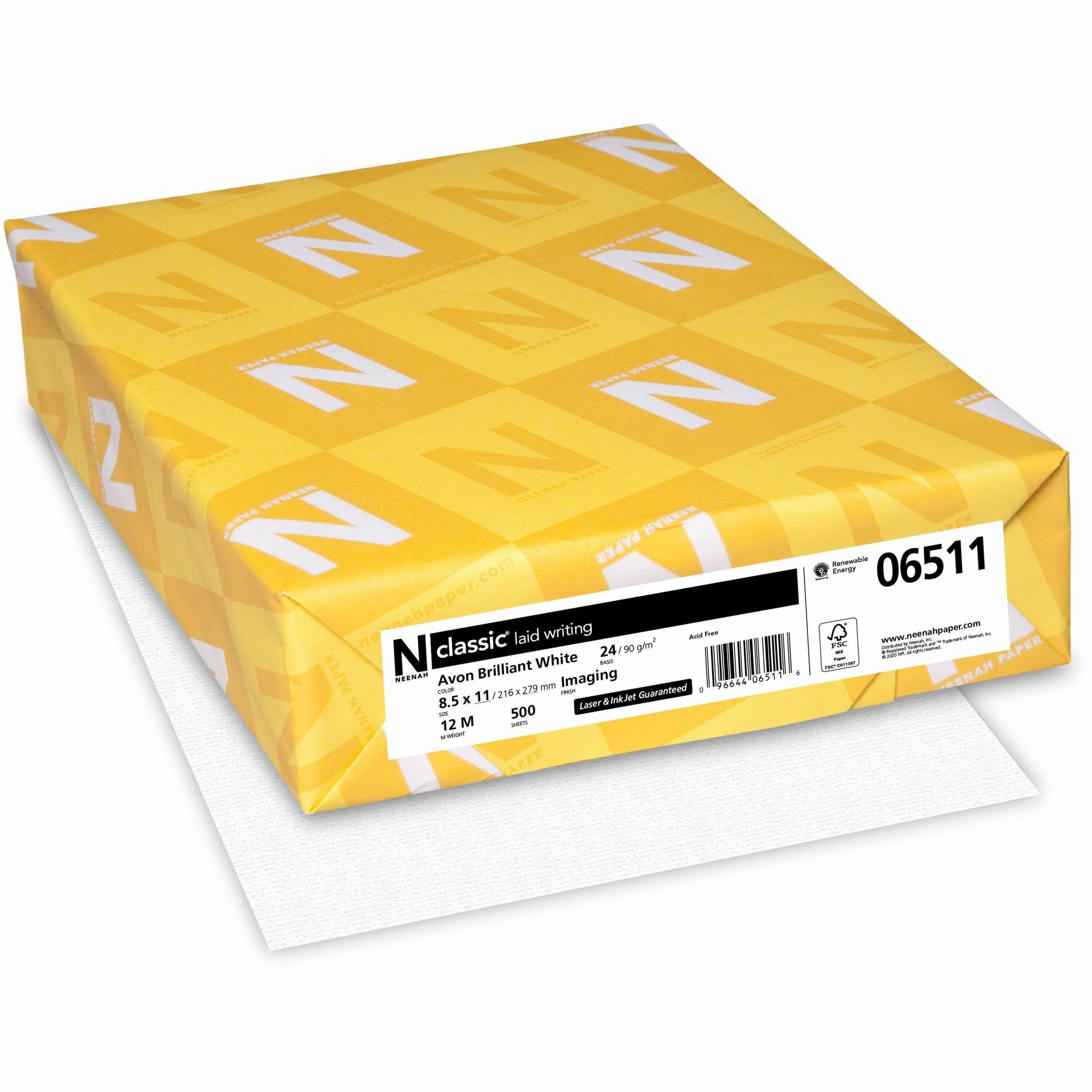 98 Brightness - Letter - 8 1/2" x 11" - 24 lb Basis Weight - Laid - Watermarked, Acid-free, Archival-safe - Avon Brilliant - 500 / Ream