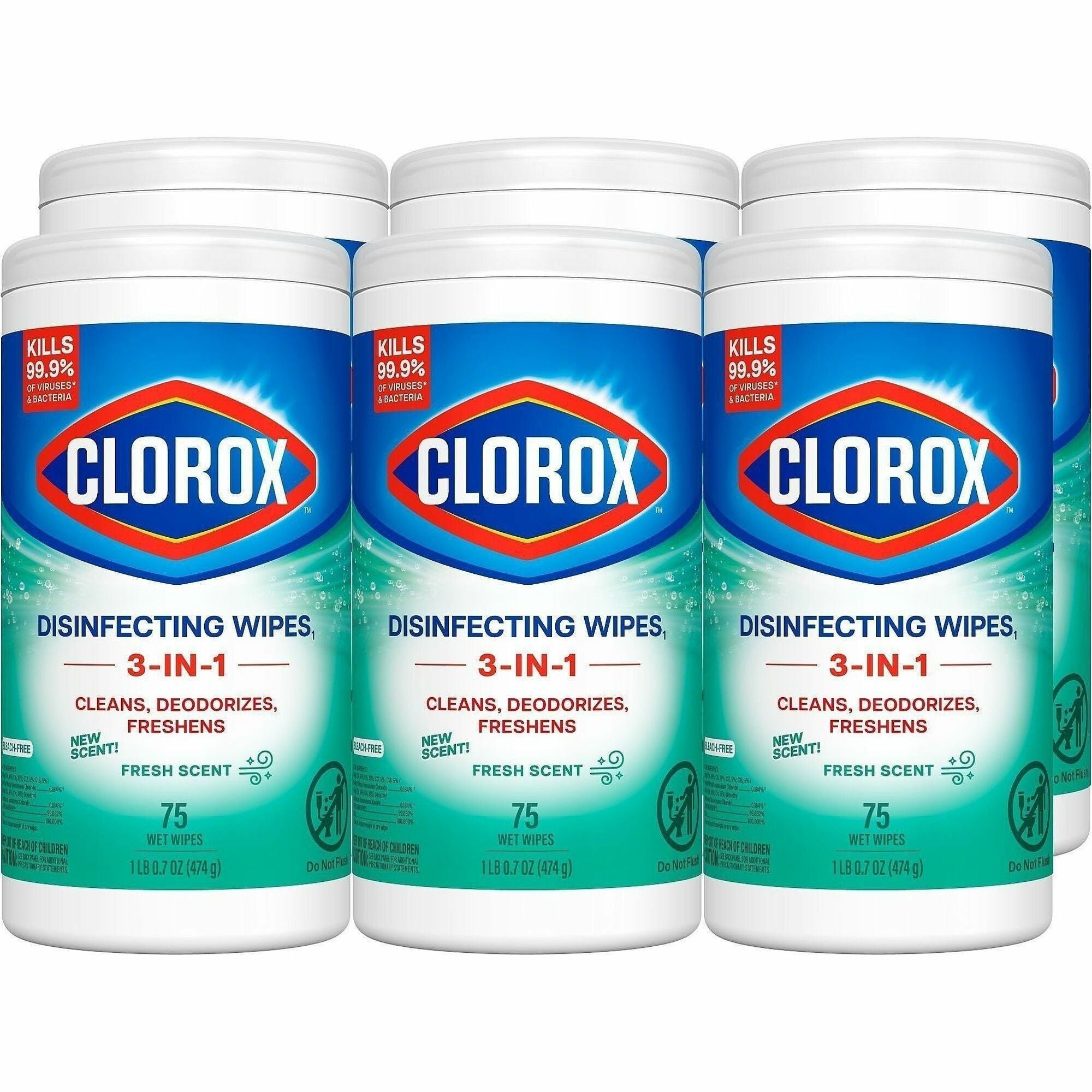 Clorox Disinfecting Wipes, Bleach-Free Cleaning Wipes - For Multipurpose - Fresh Scent - Recommended For: Bacteria Remover, Virus Remover, Germs Remover, Grease Remover - Pre-moistened, Bleach-free - White - 75/Tub - 6 / Carton
