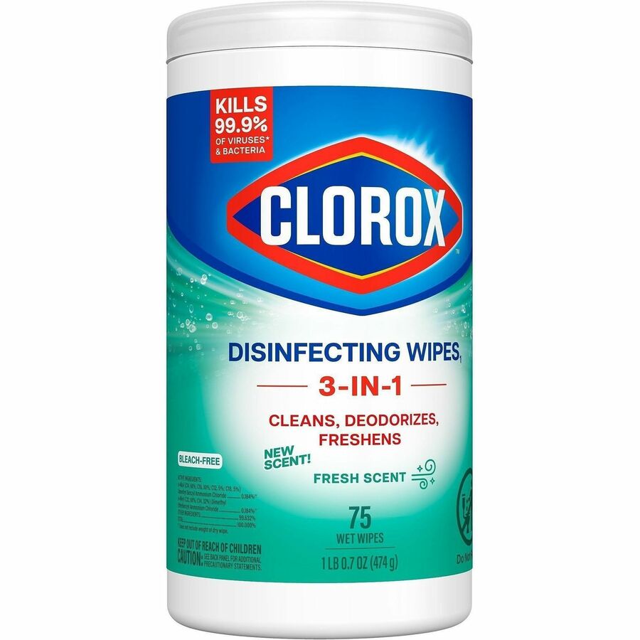 Clorox Disinfecting Wipes, Bleach-Free Cleaning Wipes - For Multipurpose - Fresh Scent - Recommended For: Bacteria Remover, Virus Remover, Germs Remover, Grease Remover - Pre-moistened, Bleach-free - White - 75/Tub - 6 / Carton