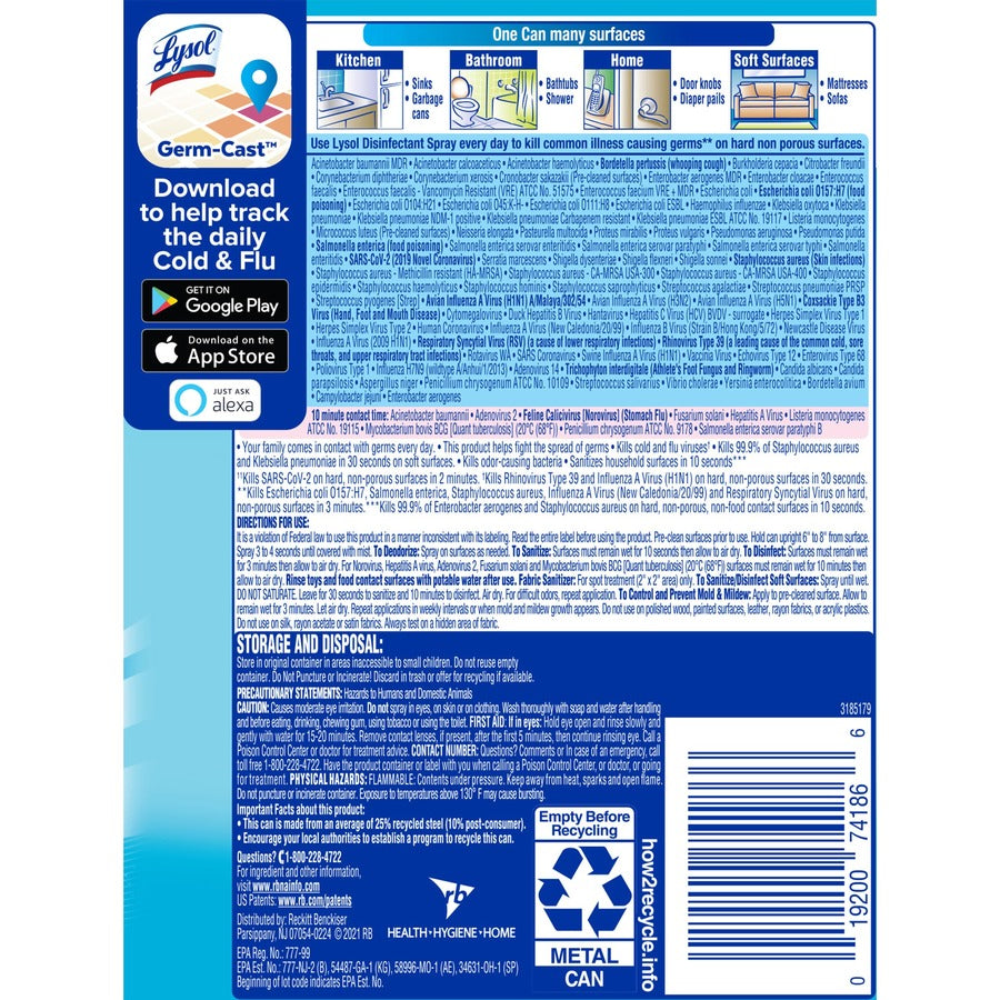 Lysol Crisp Linen Disinfectant Spray - For Nonporous Surface, Kitchen, Bathroom, Hard Surface - 12.50 oz (0.78 lb) - Crisp Linen Scent - Recommended For: Spot Remover - Disinfectant, Anti-bacterial, CFC-free - Clear - 1 Each
