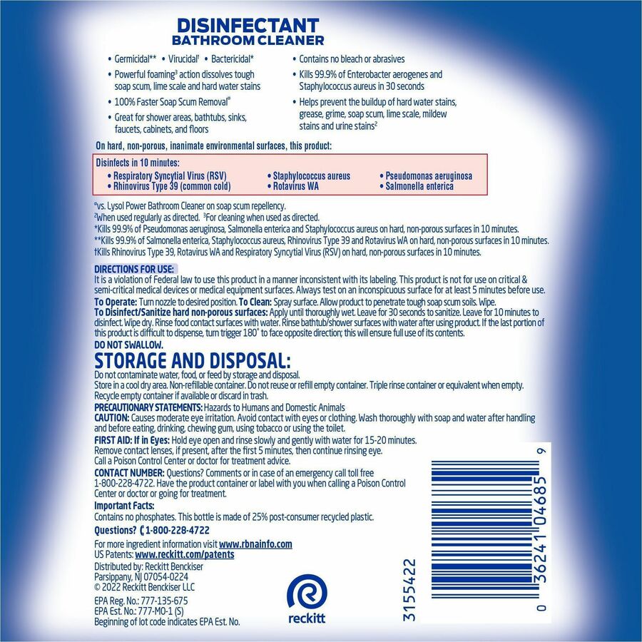 Professional Lysol Disinfectant Bathroom Cleaner - Ready-To-Use - 32 fl oz (1 quart) - Fresh Clean Scent - Disinfectant, Deodorize, Non-abrasive, Bleach-free - 1 Each
