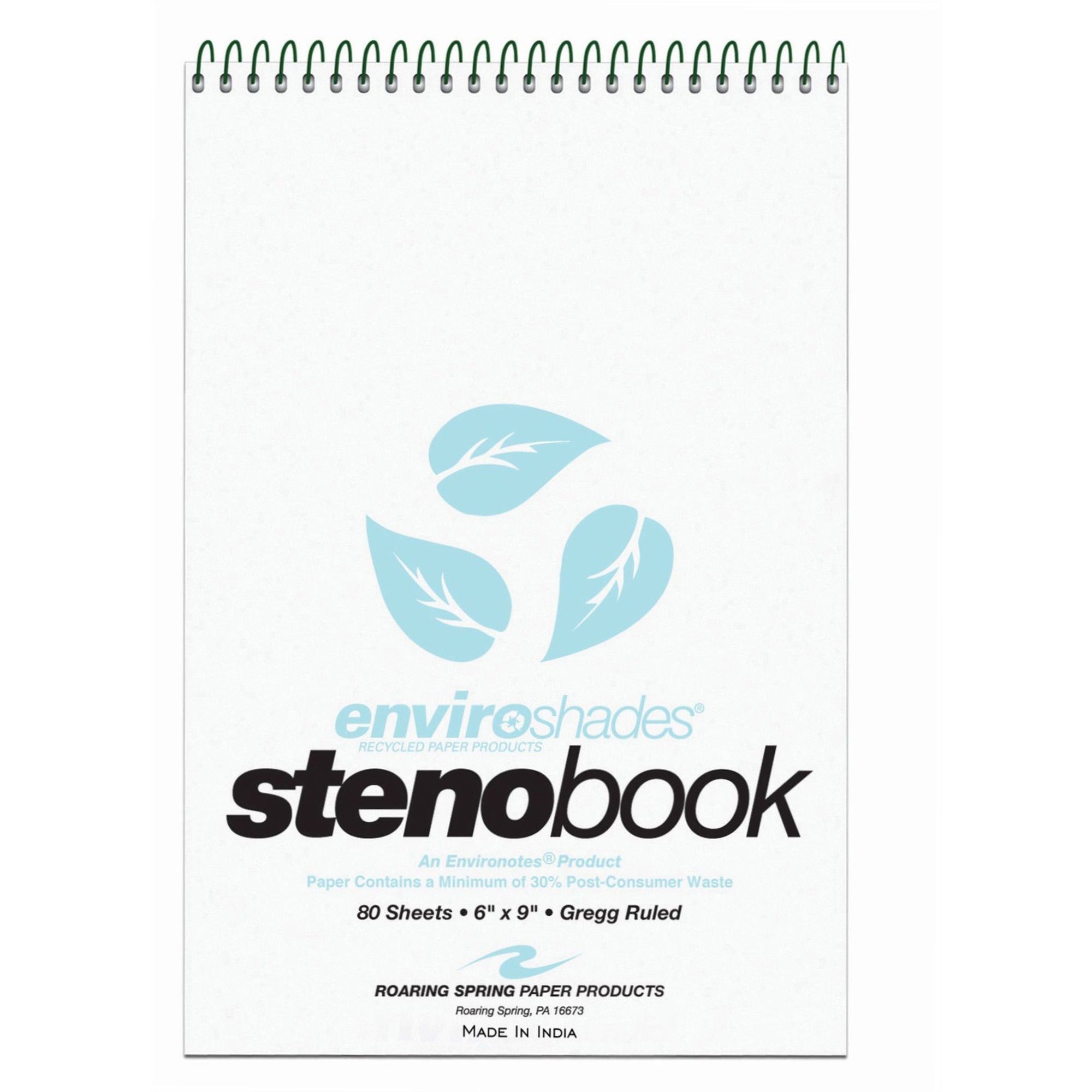 Roaring Spring Enviroshades Recycled Spiral Steno Memo Book, 9" x 6", Blue Paper, Gregg Ruled, 80 Sheets, 160 Pages, Spiral Bound, Board Cover, 4 Pack