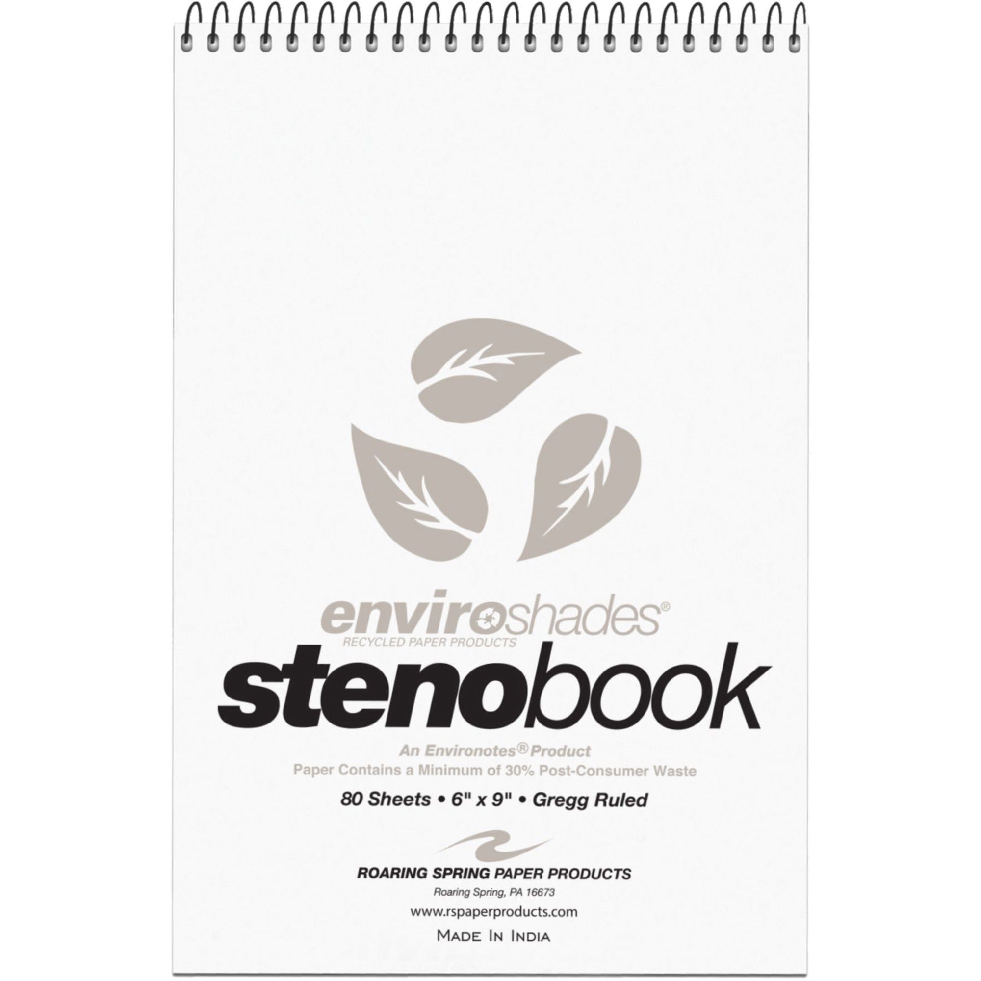Roaring Spring Enviroshades Recycled Spiral Steno Memo Book, 9" x 6", 80 Sheets, 160 Pages, Gray Paper, Gregg Ruled, Spiral Bound, Board Cover, Black Binding, 4 Pack