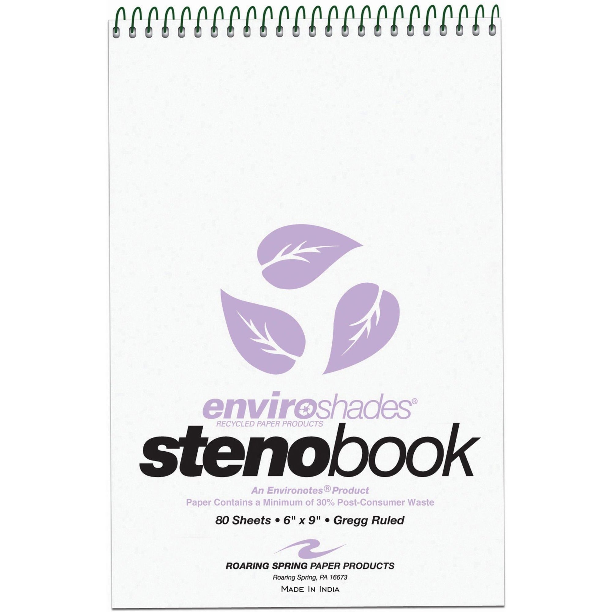 Roaring Spring Enviroshades Recycled Spiral Steno Memo Book, 9" x 6", Orchid Paper, 80 Sheets, 160 Pages, Gregg Ruled, Spiral Bound, Board Cover, 4 Pack