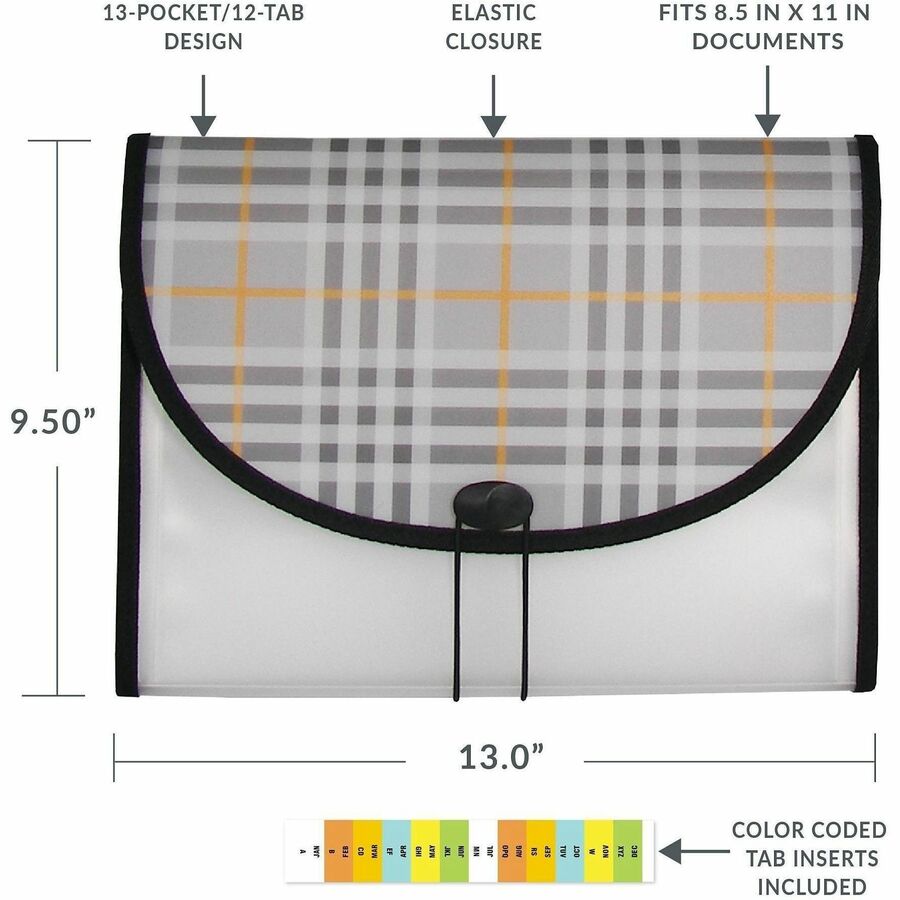 C-Line Letter Expanding File - 8 1/2" x 11" - 1 1/2" Expansion - 13 Pocket(s) - Polypropylene, Plaid - Durable, Archival-safe, Elastic Closure - 1 Each