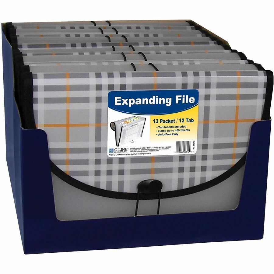 C-Line Letter Expanding File - 8 1/2" x 11" - 1 1/2" Expansion - 13 Pocket(s) - Polypropylene, Plaid - Durable, Archival-safe, Elastic Closure - 1 Each