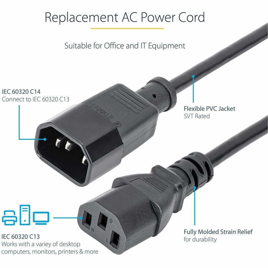 StarTech.com 2 ft Standard Computer Power Cord Extension - C14 to C13