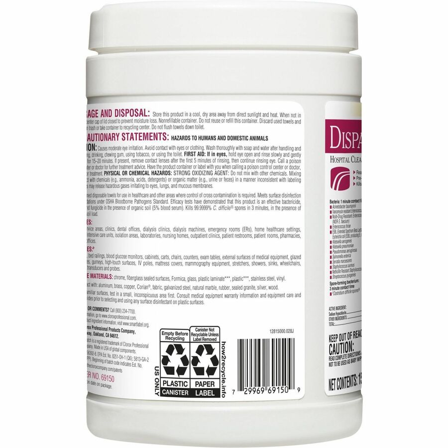 Dispatch Hospital Cleaner Disinfectant Towels with Bleach - Ready-To-Use - 32 oz (2 lb) - 8" Length x 6.75" Width - White - 150/Tub - 1 Each