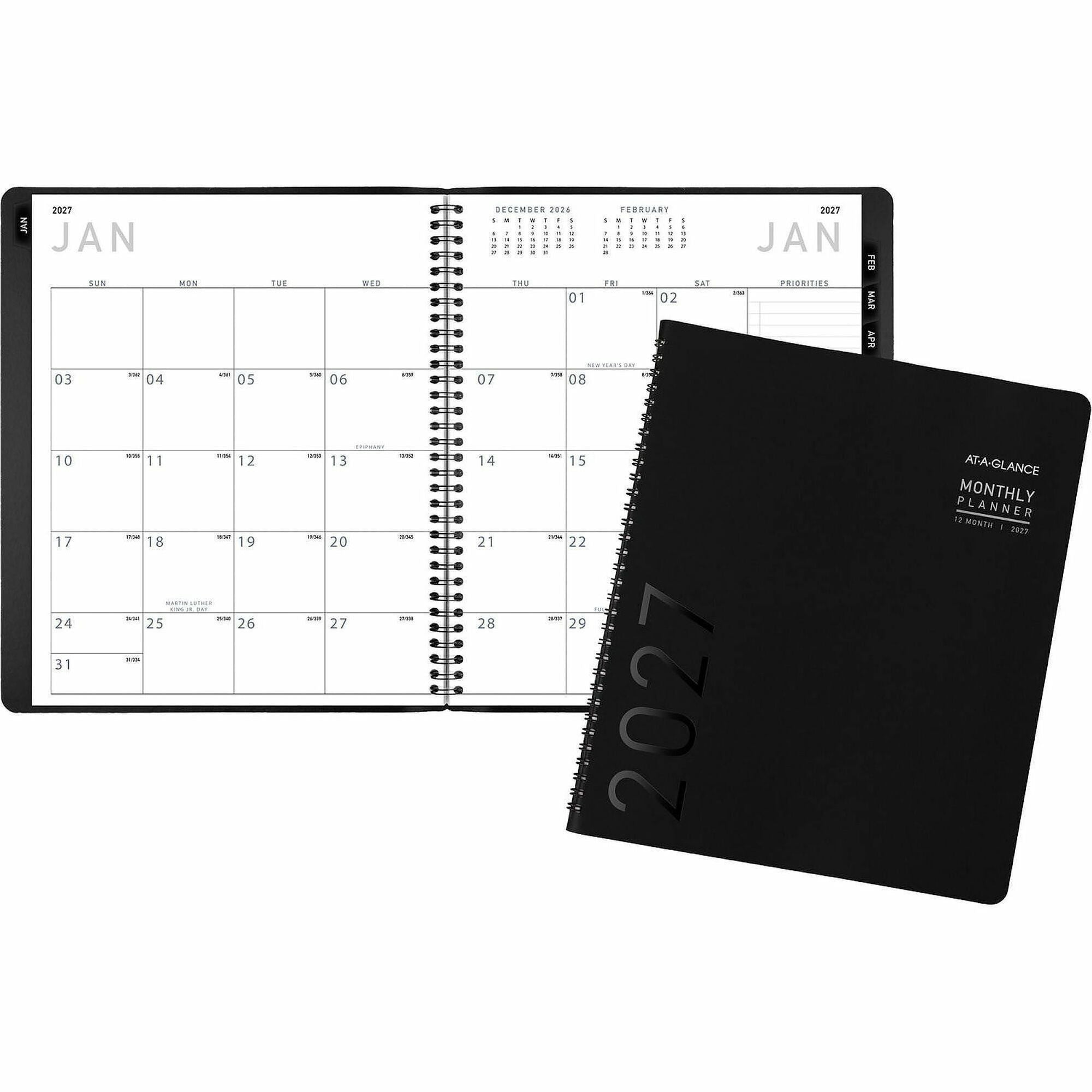 At-A-Glance Contemporary Planner, Large, Monthly, January 2026–December 2026, 9" x 11" White Sheets, Wire Bound, Black Faux Leather Textured Cover, Tabbed, Notepad, Reference Calendar, Double Pocket, 1 Each