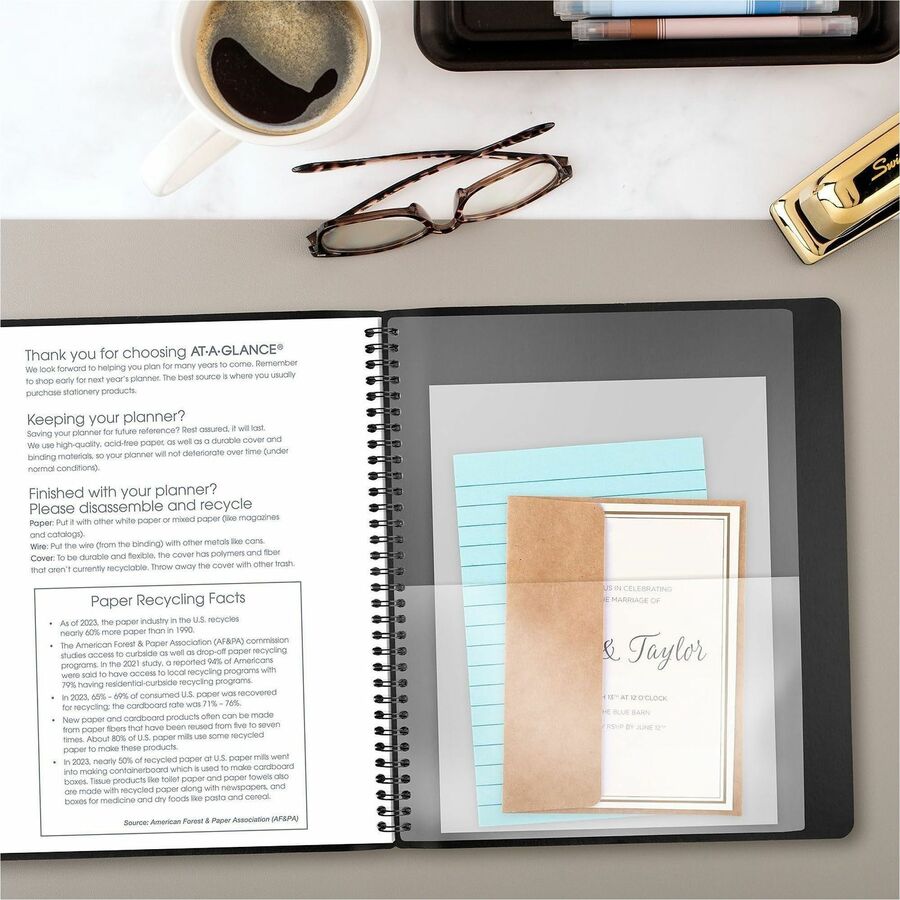 At-A-Glance Contemporary Planner, Large, Monthly, January 2026–December 2026, 9" x 11" White Sheets, Wire Bound, Black Faux Leather Textured Cover, Tabbed, Notepad, Reference Calendar, Double Pocket, 1 Each