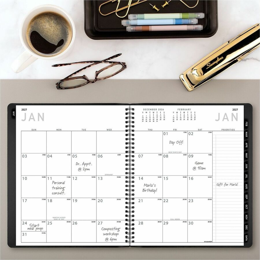 At-A-Glance Contemporary Planner, Large, Monthly, January 2026–December 2026, 9" x 11" White Sheets, Wire Bound, Black Faux Leather Textured Cover, Tabbed, Notepad, Reference Calendar, Double Pocket, 1 Each