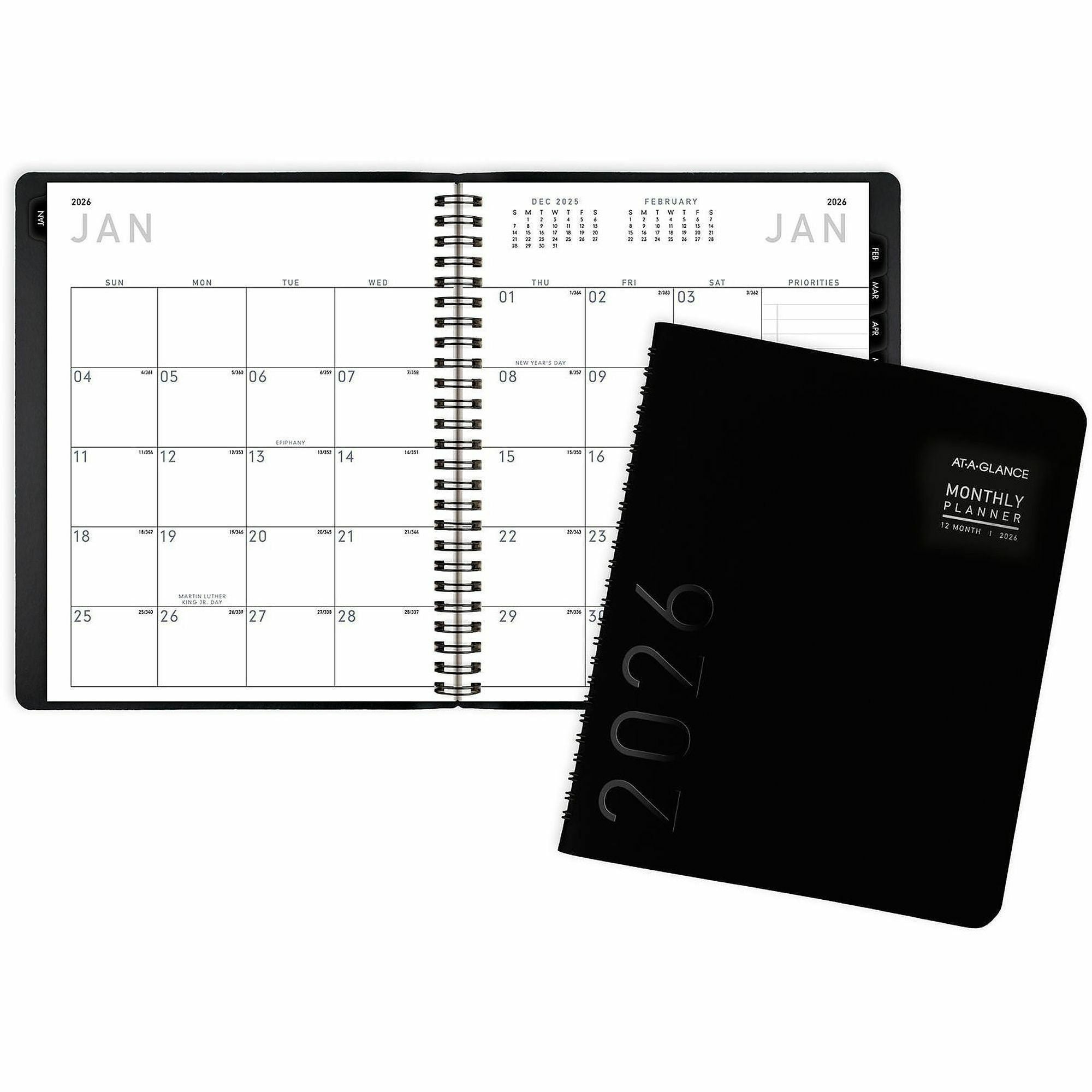 At-A-Glance Contemporary Planner, Monthly, January 2026–December 2026, 6 7/8" x 8 3/4", Wire Bound, Black Simulated Leather Cover, 1 Each