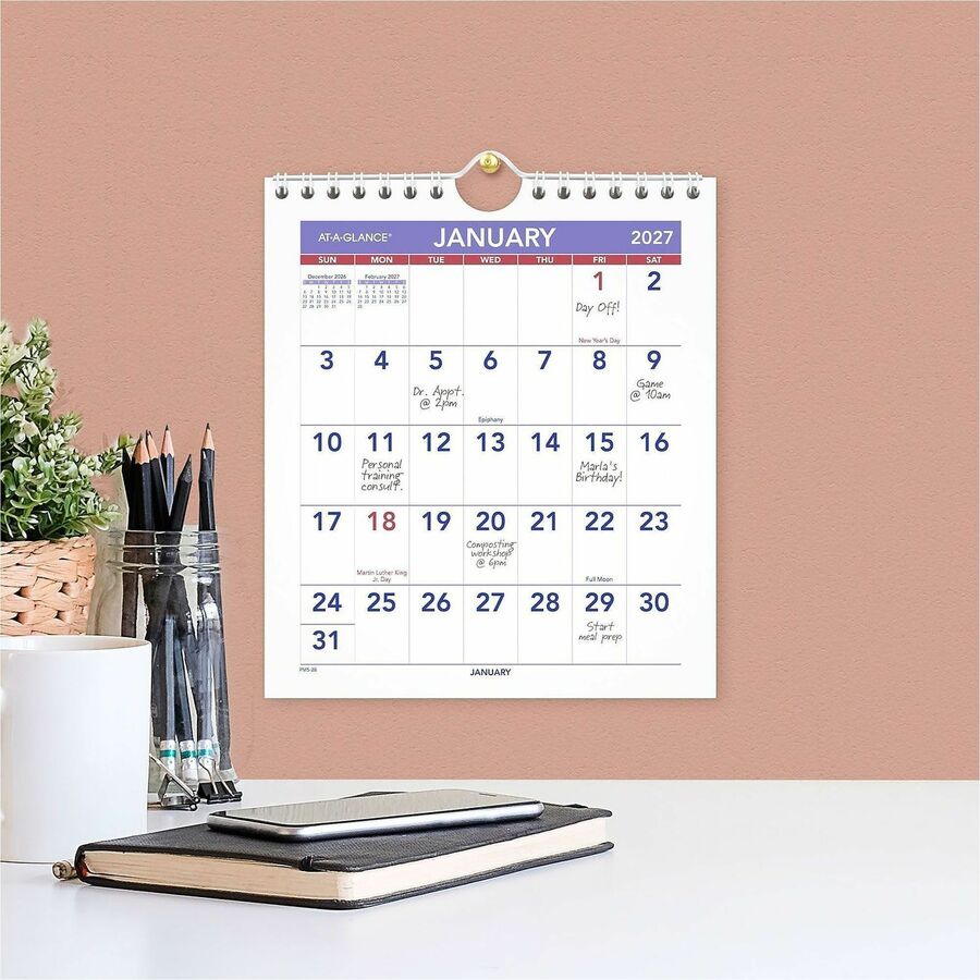 At-A-Glance Wall Calendar, Small, Monthly, January 2026–December 2026, 1 Month Per Page, 6.5" x 7.5", Wire Bound, White, 1 Each