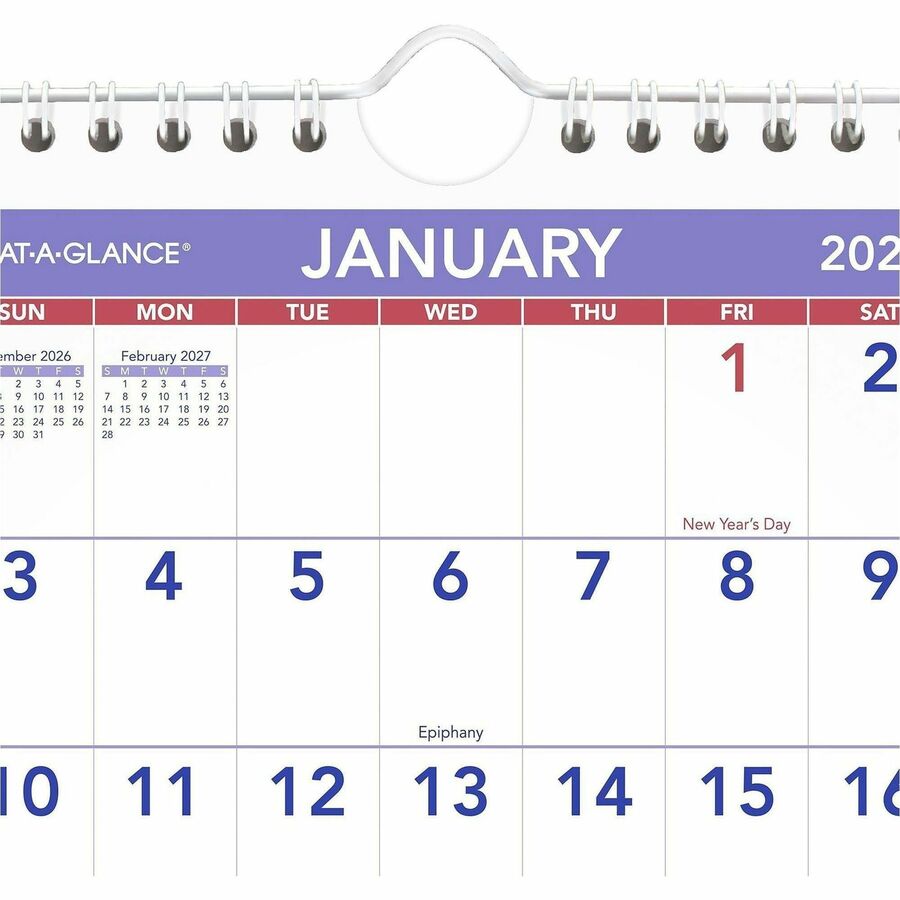 At-A-Glance Wall Calendar, Small, Monthly, January 2026–December 2026, 1 Month Per Page, 6.5" x 7.5", Wire Bound, White, 1 Each