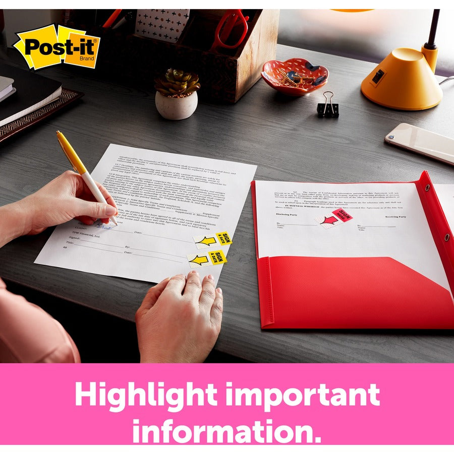 Post-it&reg; Flags in Desk Grip Dispenser - 200 - 1" Flag/Note Width x 1 3/4" Flag/Note Length - Rectangle - Unruled - Yellow - Removable, Self-adhesive - Dispenser Included - 200 / Pack