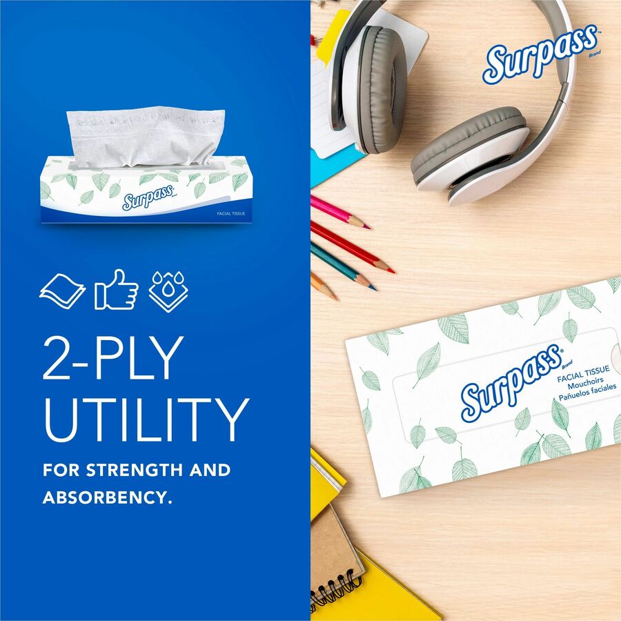 Surpass Flat Box Facial Tissue for Business - 2 Ply - WhiteBox - 100/Box - 1 Carton