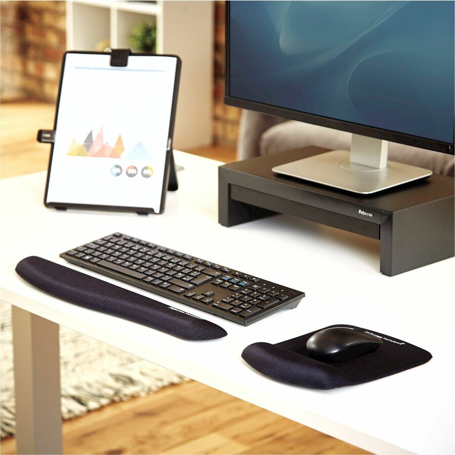 Fellowes PlushTouch Microban Mouse Pad Wrist Rest - 1" Height x 7.25" Width x 9.38" Depth - Black - Polyurethane, Foam - Wear Resistant, Tear Resistant, Skid Proof - 1 Each