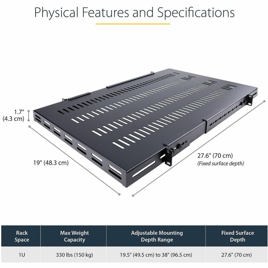 StarTech.com 1U 4-Post Adjustable Mounting Depth Heavy Duty Shelf - 27.5in/700mm Depth