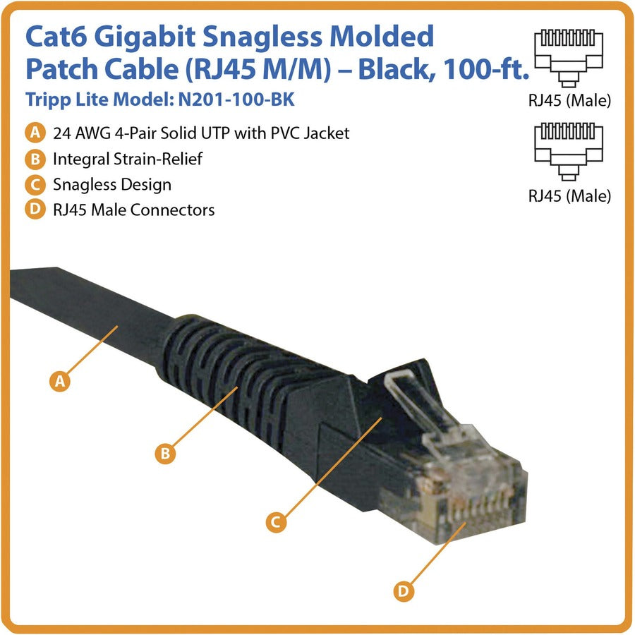 Tripp Lite series 100-ft. Cat6 Gigabit Snagless Molded Patch Cable (RJ45 M/M) - Black