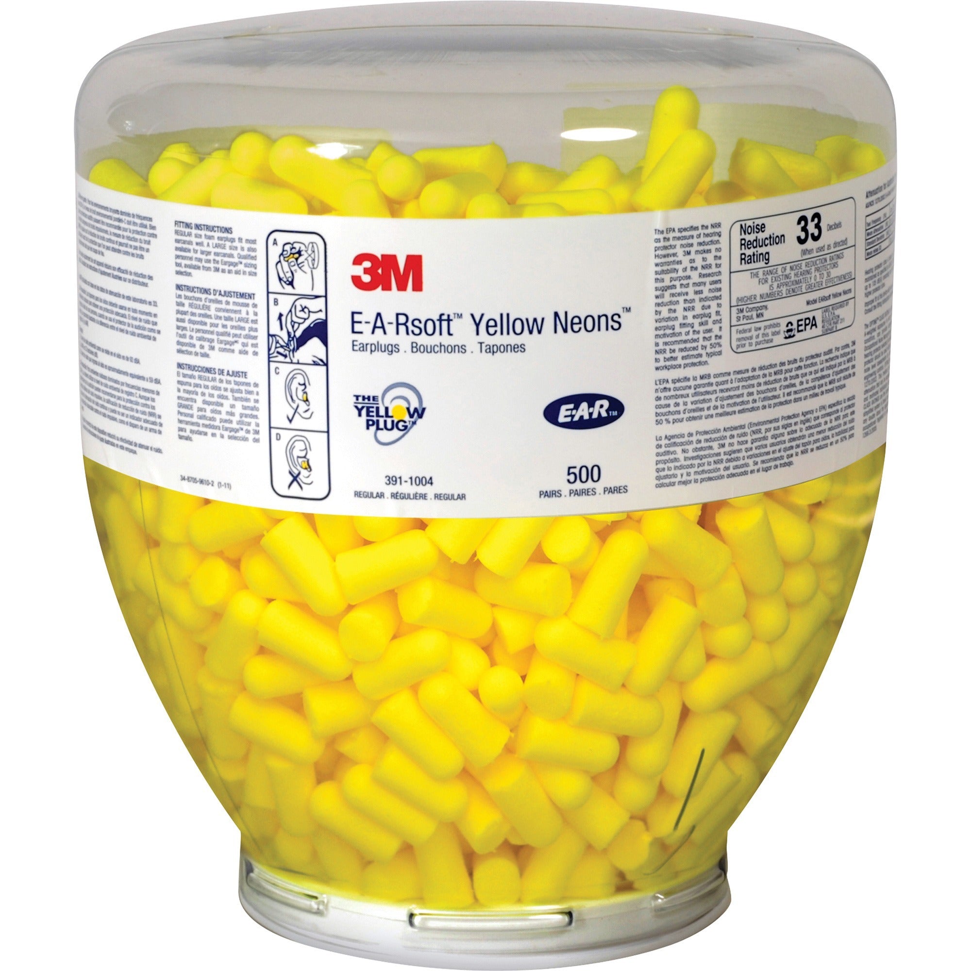 E-A-R Classic Earplugs - Recommended for: Automotive, Building, Construction, Industrial, Metalworking, Military, Mining, Pharmaceutical, Transportation - Noise Reduction Rating Protection - Soft Foam, Soft Foam - Neon Yellow - 2/Pair - 500 / Bottle